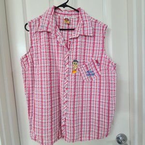 Vintage Looney Tunes Women’s Sleeveless "Tweety Cool Chick" Button Up Plaid